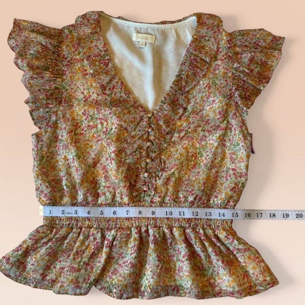 New Parker Top Multicolor Floral Ruffle Blouse with Metallic Threads - Picture 11 of 11